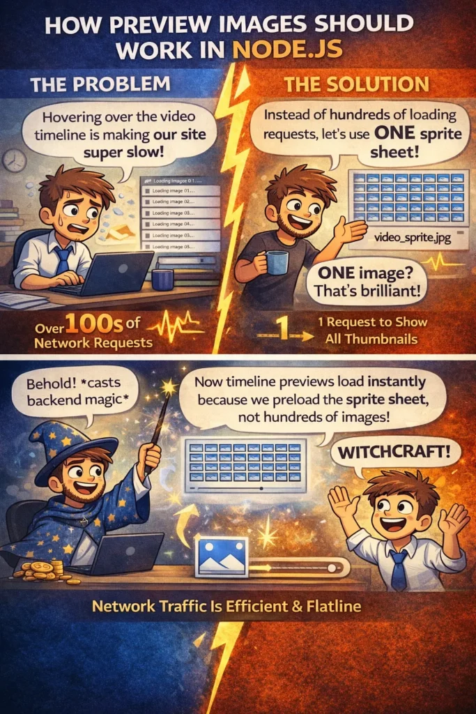 Sprite sheets used for instant video hover previews in Node.js applications