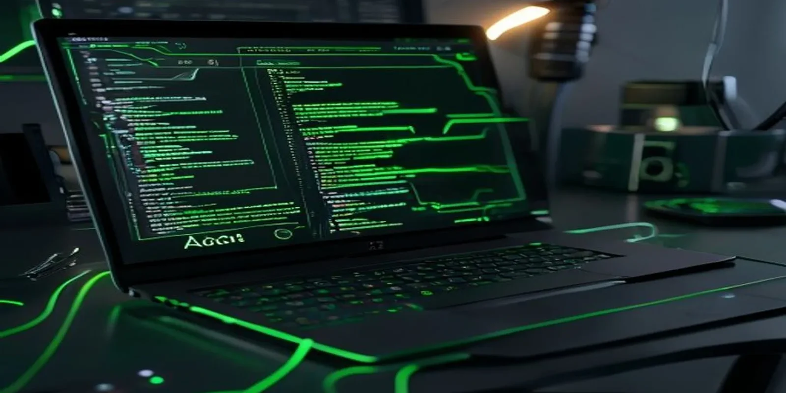A dark‑mode developer scene featuring a glowing terminal and neon green accents highlighting the concept of accessible React components and ARIA testing.