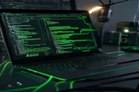 A dark‑mode developer scene featuring a glowing terminal and neon green accents highlighting the concept of accessible React components and ARIA testing.