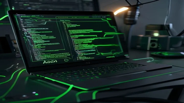A dark‑mode developer scene featuring a glowing terminal and neon green accents highlighting the concept of accessible React components and ARIA testing.