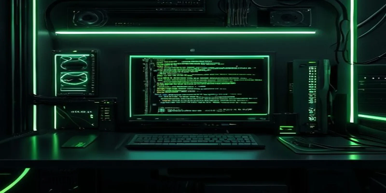 Illustration of AI Email Assistant Architecture in a dark developer workspace with a glowing green terminal and neon accents.