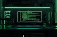 Illustration of AI Email Assistant Architecture in a dark developer workspace with a glowing green terminal and neon accents.