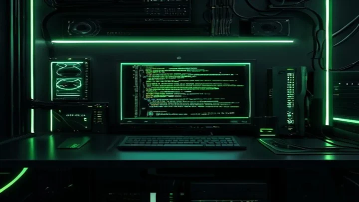 Illustration of AI Email Assistant Architecture in a dark developer workspace with a glowing green terminal and neon accents.