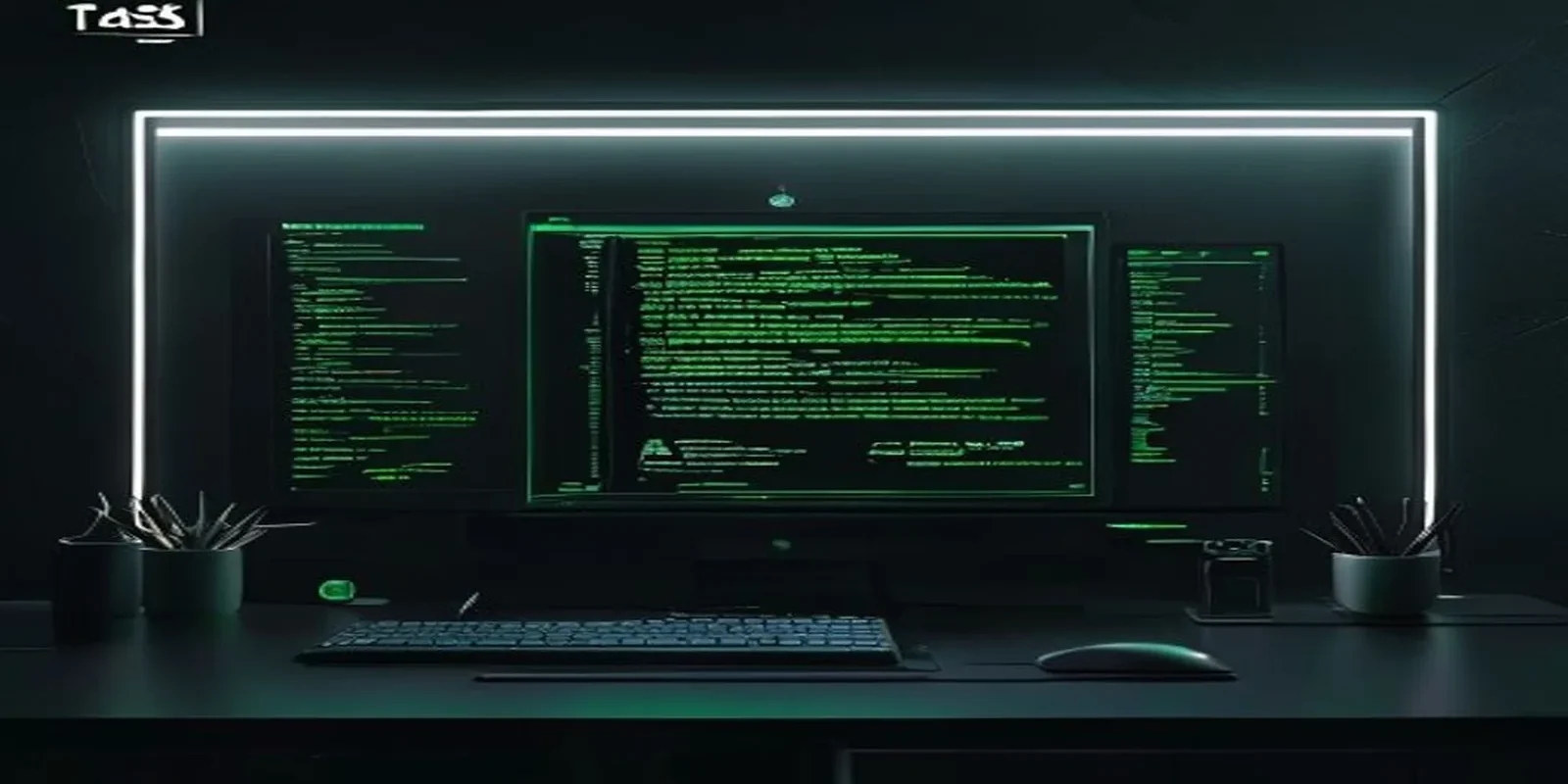 A dark‑mode developer workspace illustration featuring a glowing terminal and neon green accents highlighting the concept of an AI task‑automation agent for project managers.
