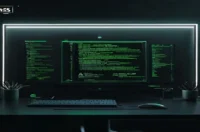 A dark‑mode developer workspace illustration featuring a glowing terminal and neon green accents highlighting the concept of an AI task‑automation agent for project managers.