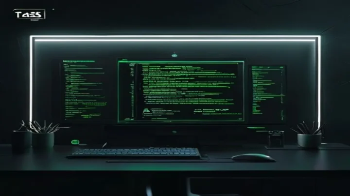 A dark‑mode developer workspace illustration featuring a glowing terminal and neon green accents highlighting the concept of an AI task‑automation agent for project managers.