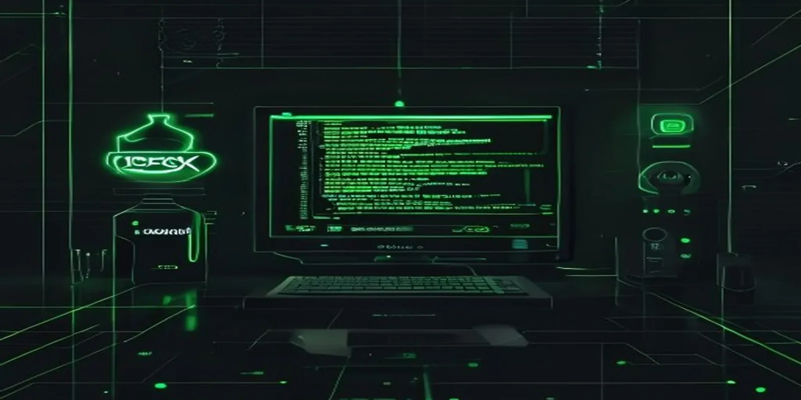 Dark developer workstation illustration visualizing a scalable BullMQ queue integrated with Redis for Node.js.