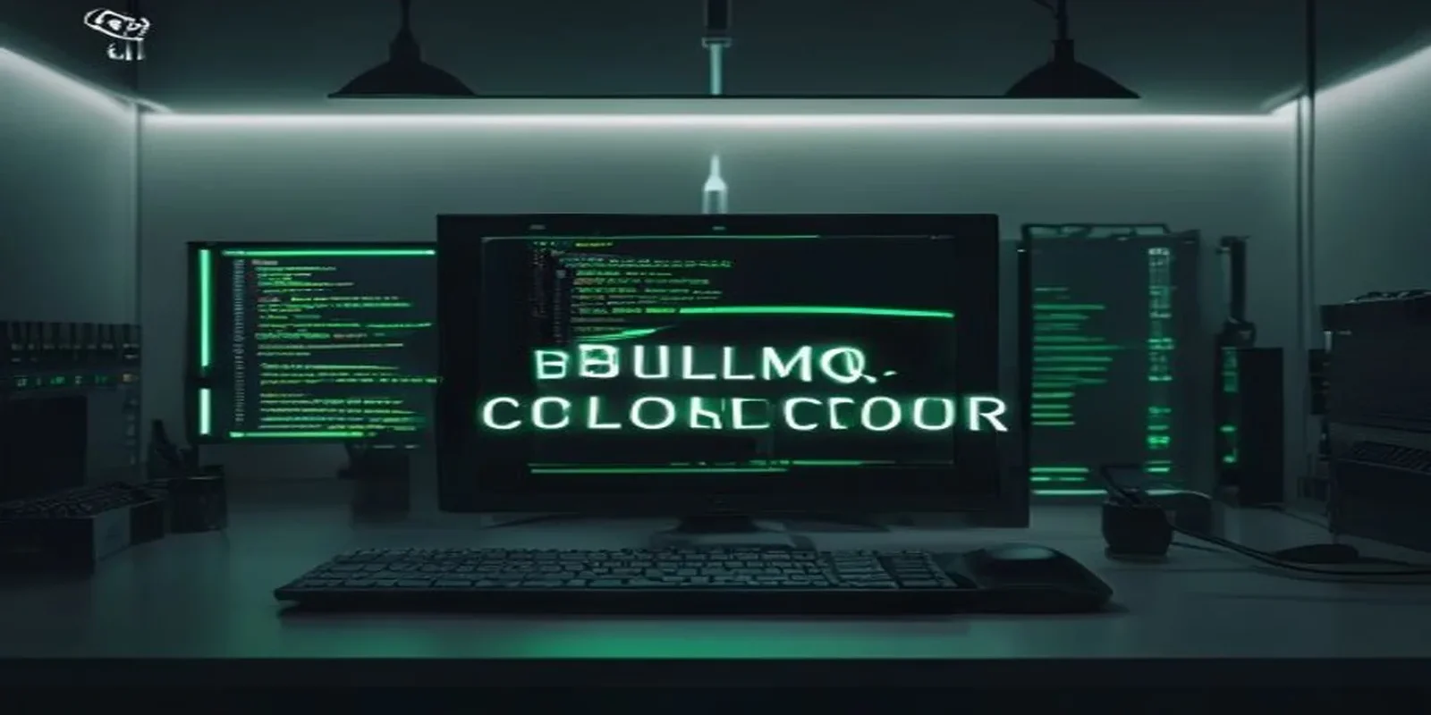 A dark developer workspace featuring a glowing terminal and neon‑green accents visualizing BullMQ retries, rate limiting, and delayed tasks.