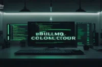 A dark developer workspace featuring a glowing terminal and neon‑green accents visualizing BullMQ retries, rate limiting, and delayed tasks.
