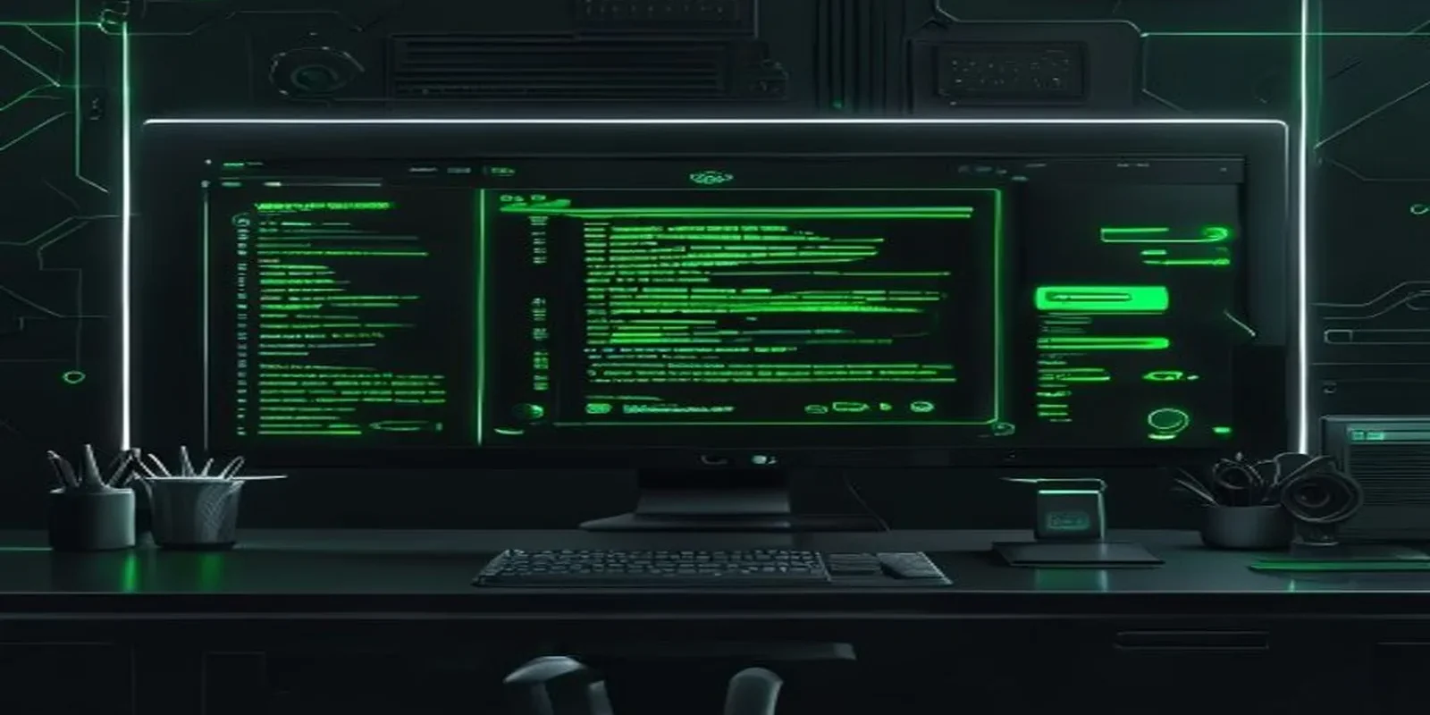 Illustration of a dark‑mode developer desk with a glowing terminal and Chat UI overlay, highlighting a "Chat UI for AI agents" concept for non‑tech users.