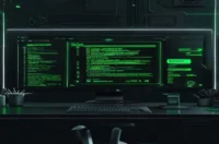 Illustration of a dark‑mode developer desk with a glowing terminal and Chat UI overlay, highlighting a "Chat UI for AI agents" concept for non‑tech users.