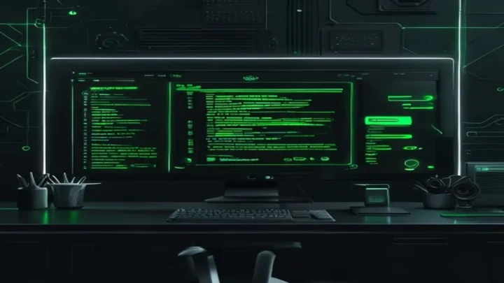 Illustration of a dark‑mode developer desk with a glowing terminal and Chat UI overlay, highlighting a "Chat UI for AI agents" concept for non‑tech users.