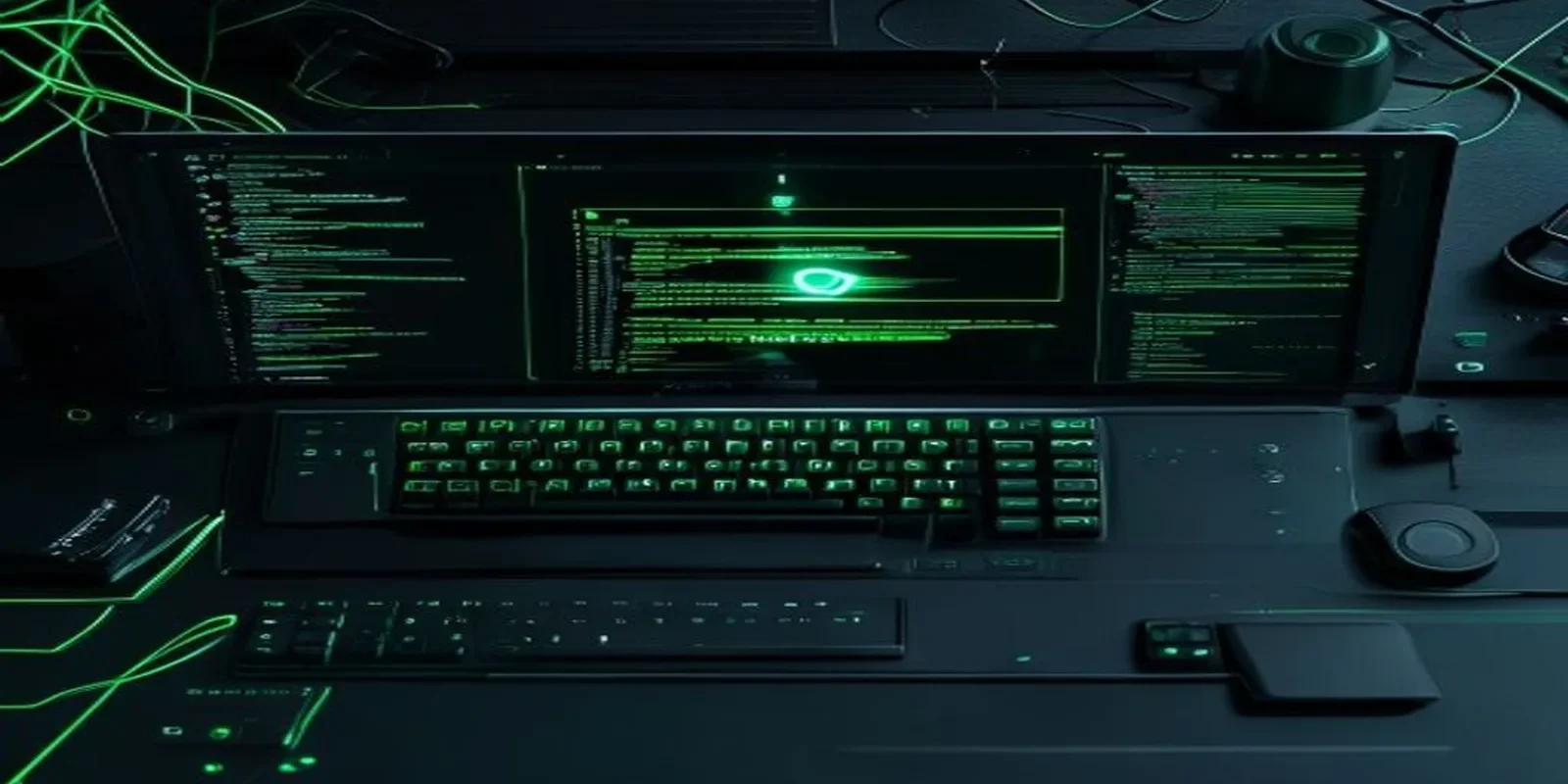 A dark‑mode developer workspace featuring a glowing terminal with Node.js, Express and Sequelize code, illustrating a CRUD API guide.