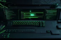 A dark‑mode developer workspace featuring a glowing terminal with Node.js, Express and Sequelize code, illustrating a CRUD API guide.