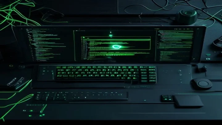 A dark‑mode developer workspace featuring a glowing terminal with Node.js, Express and Sequelize code, illustrating a CRUD API guide.