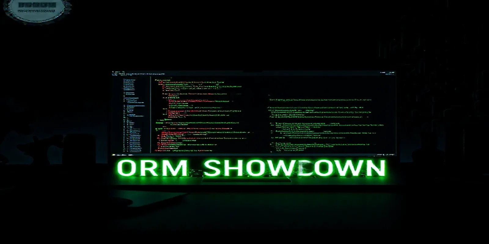 Dark‑mode developer workstation with a glowing terminal displaying JavaScript ORM code, illustrating the Data Mapper vs Active Record comparison.