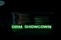 Dark‑mode developer workstation with a glowing terminal displaying JavaScript ORM code, illustrating the Data Mapper vs Active Record comparison.