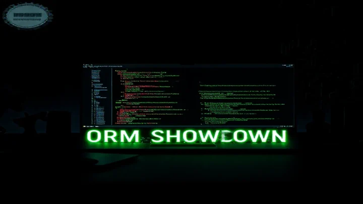 Dark‑mode developer workstation with a glowing terminal displaying JavaScript ORM code, illustrating the Data Mapper vs Active Record comparison.