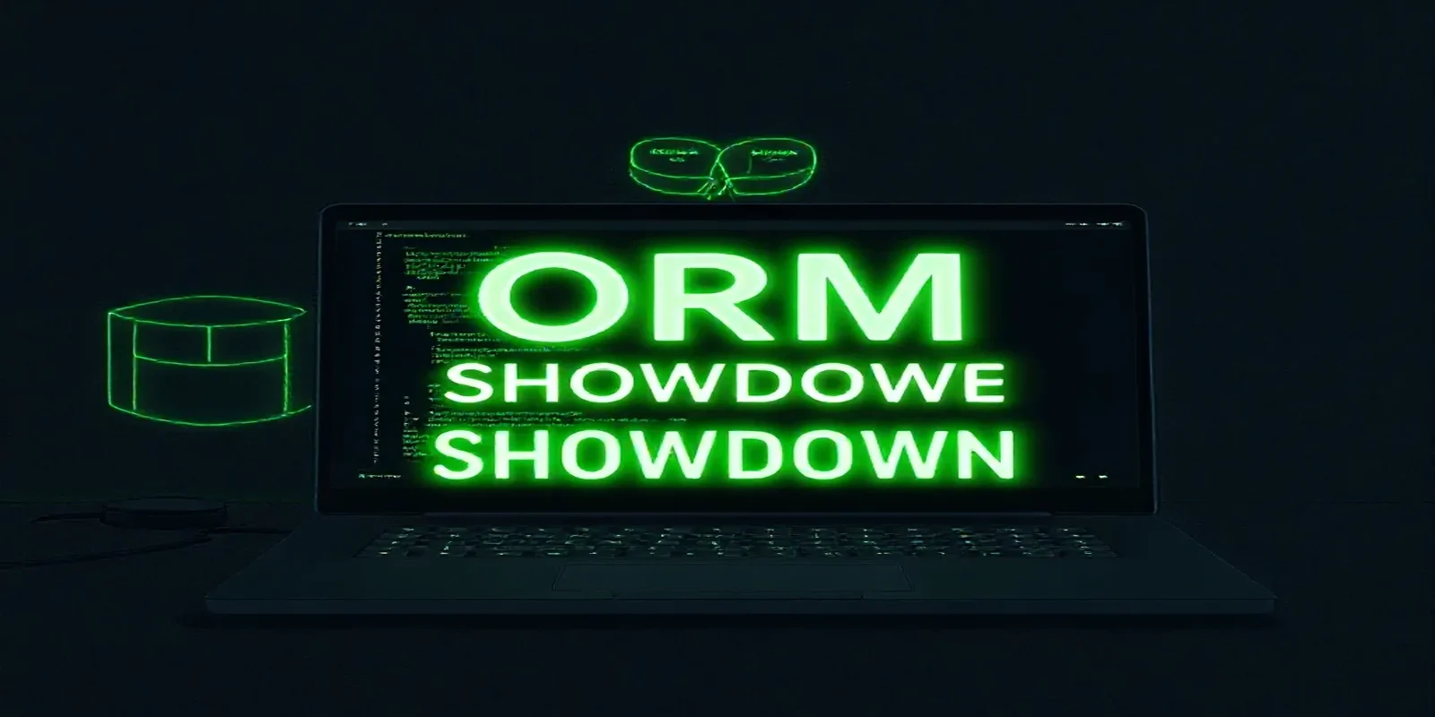 Dark developer workspace illustration comparing database‑first and code‑first ORM approaches in TypeScript.