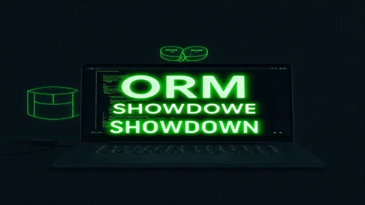 Dark developer workspace illustration comparing database‑first and code‑first ORM approaches in TypeScript.