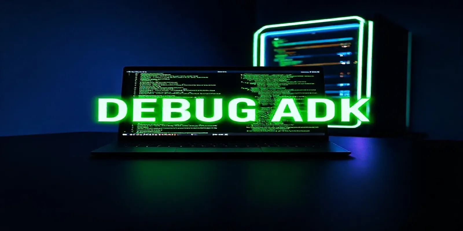 A dark‑mode developer workspace showing a glowing terminal and sleek hardware, illustrating debugging Google ADK errors in a FastAPI project.