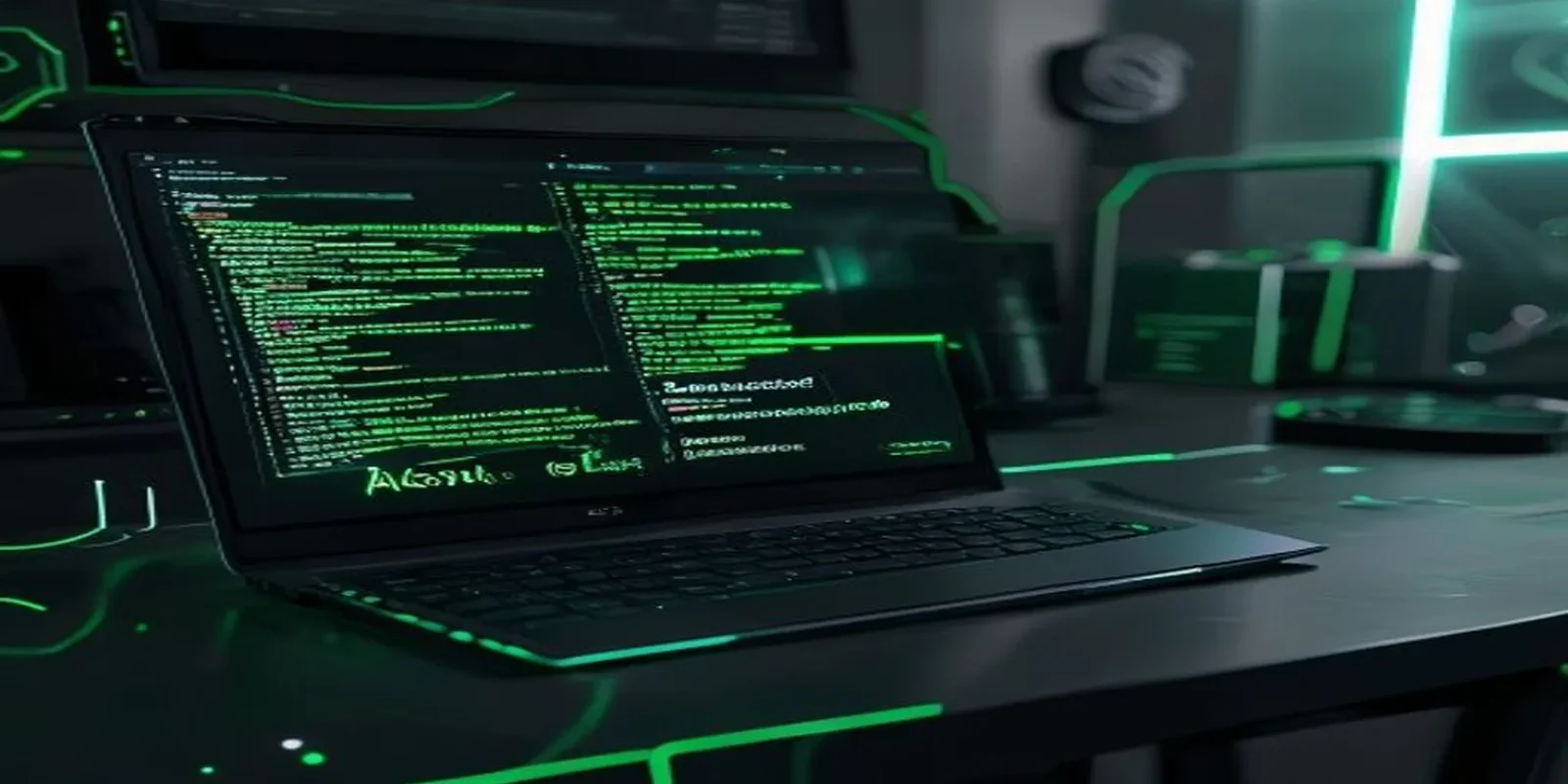 A dark‑mode developer workspace with a glowing terminal and sleek hardware highlighted by neon green accents, visualizing the deployment of an AI agent using Flask and JavaScript.