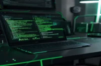 A dark‑mode developer workspace with a glowing terminal and sleek hardware highlighted by neon green accents, visualizing the deployment of an AI agent using Flask and JavaScript.