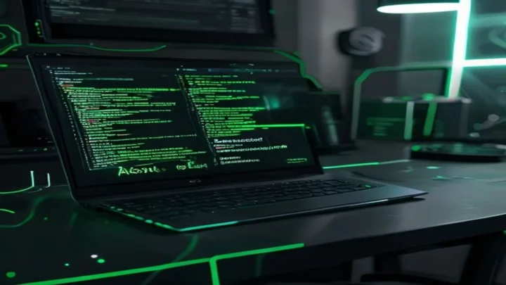 A dark‑mode developer workspace with a glowing terminal and sleek hardware highlighted by neon green accents, visualizing the deployment of an AI agent using Flask and JavaScript.