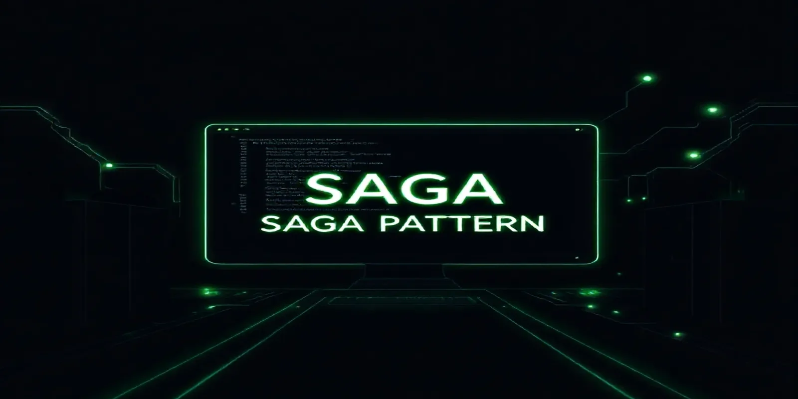 Dark developer‑themed cover image illustrating the Saga pattern for distributed transactions in Node.js, featuring a glowing terminal and neon green accents.