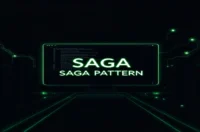 Dark developer‑themed cover image illustrating the Saga pattern for distributed transactions in Node.js, featuring a glowing terminal and neon green accents.