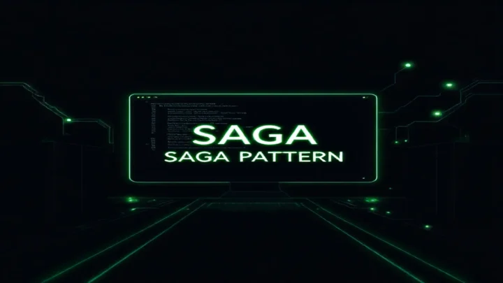 Dark developer‑themed cover image illustrating the Saga pattern for distributed transactions in Node.js, featuring a glowing terminal and neon green accents.