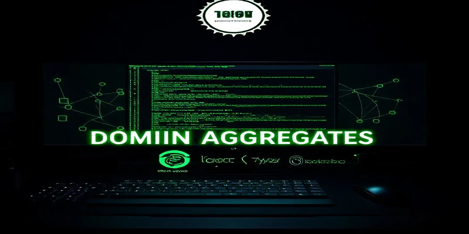 Dark‑mode developer scene illustrating domain‑driven aggregates with a glowing terminal, Prisma and TypeORM icons, and neon green accents.