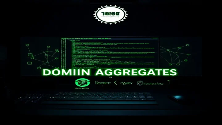 Dark‑mode developer scene illustrating domain‑driven aggregates with a glowing terminal, Prisma and TypeORM icons, and neon green accents.