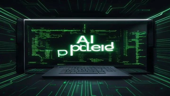 Dark developer workstation with a glowing green terminal and the phrase AI EXPLAINED, illustrating explainable AI for non‑technical users.