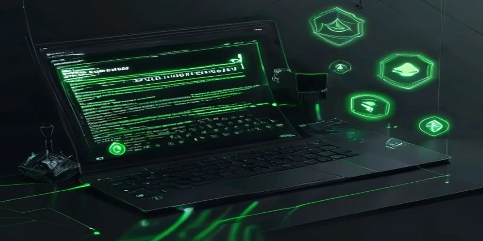A dark‑mode developer workstation scene illustrating frontend monitoring with Sentry and LogRocket, featuring a glowing green terminal and a neon‑green “Frontend Monitoring” label.