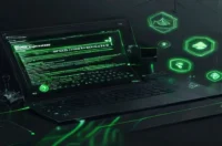 A dark‑mode developer workstation scene illustrating frontend monitoring with Sentry and LogRocket, featuring a glowing green terminal and a neon‑green “Frontend Monitoring” label.