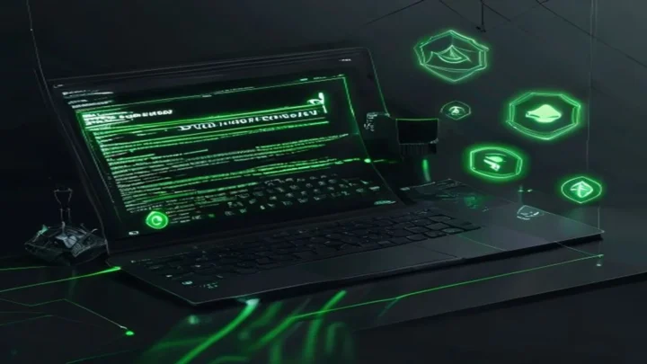 A dark‑mode developer workstation scene illustrating frontend monitoring with Sentry and LogRocket, featuring a glowing green terminal and a neon‑green “Frontend Monitoring” label.
