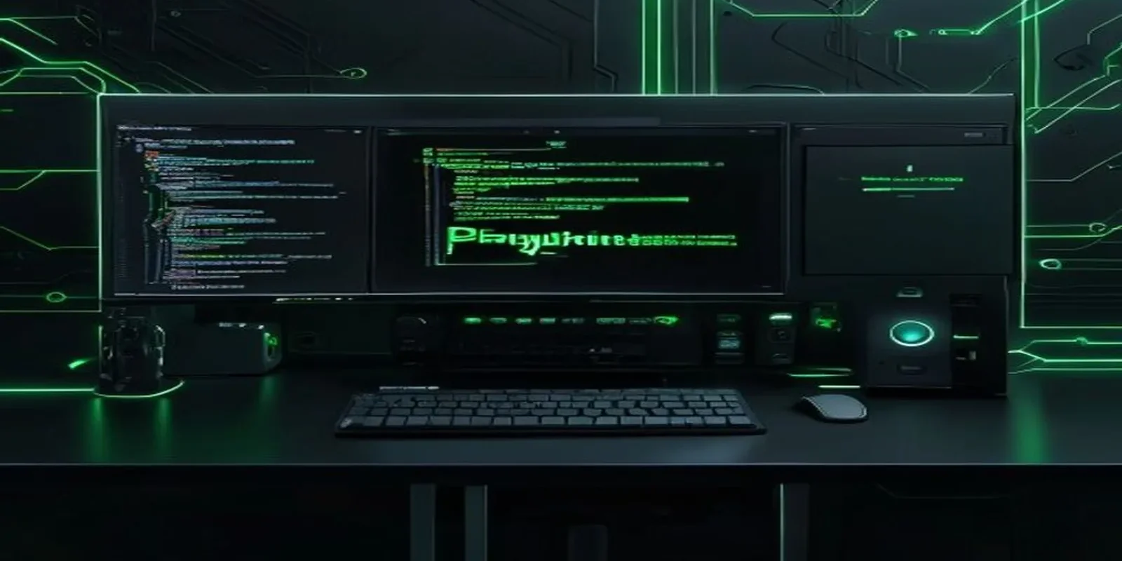A dark‑mode developer workspace with a neon‑green glowing terminal and sleek hardware, visualizing concepts of frontend testing.