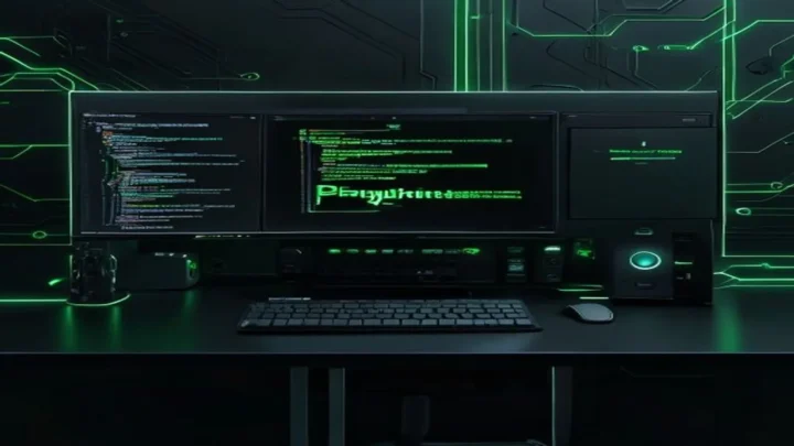 A dark‑mode developer workspace with a neon‑green glowing terminal and sleek hardware, visualizing concepts of frontend testing.