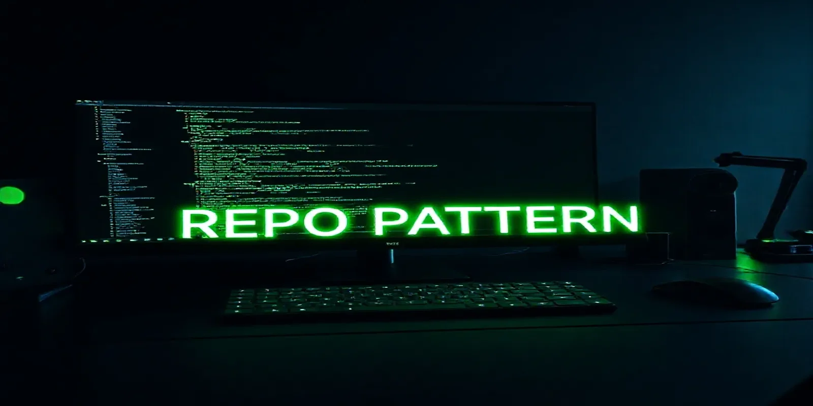A dark‑mode developer workspace featuring a glowing terminal with .NET code and neon green accents, centered text reads “REPO PATTERN”, illustrating the Generic Repository Pattern for .NET.