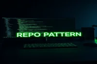 A dark‑mode developer workspace featuring a glowing terminal with .NET code and neon green accents, centered text reads “REPO PATTERN”, illustrating the Generic Repository Pattern for .NET.