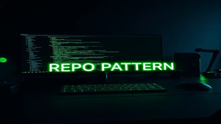 A dark‑mode developer workspace featuring a glowing terminal with .NET code and neon green accents, centered text reads “REPO PATTERN”, illustrating the Generic Repository Pattern for .NET.