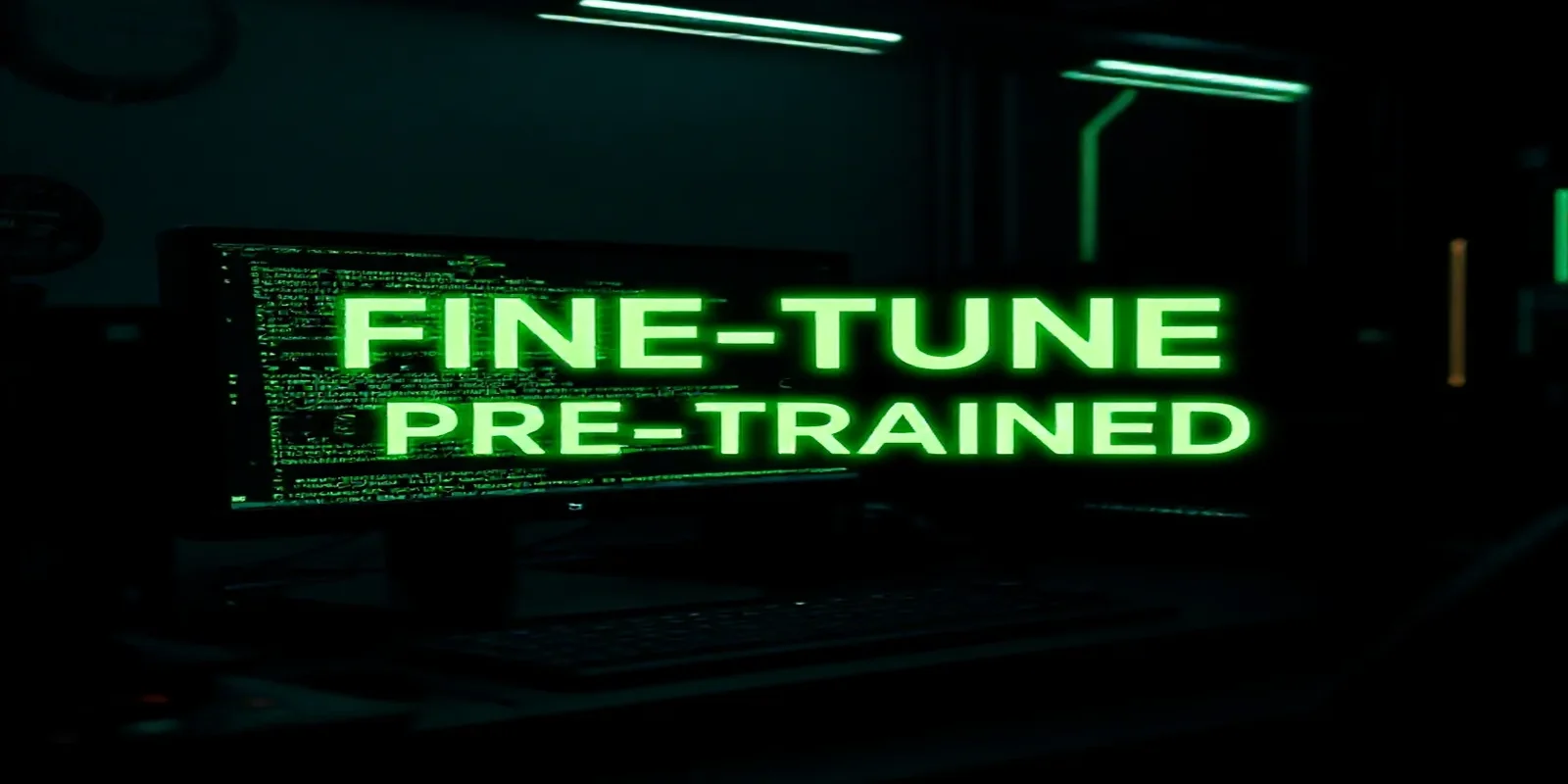 A dark‑mode developer scene featuring a glowing terminal and neon green accents, highlighting the comparison of fine‑tuning versus pre‑trained models in Google ADK (2026).