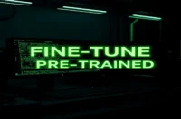 A dark‑mode developer scene featuring a glowing terminal and neon green accents, highlighting the comparison of fine‑tuning versus pre‑trained models in Google ADK (2026).
