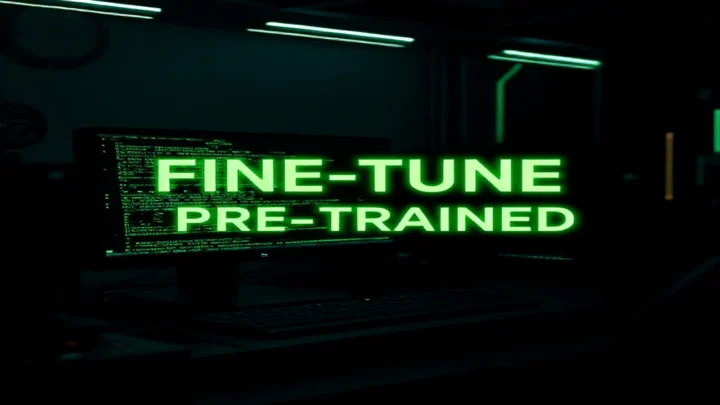 A dark‑mode developer scene featuring a glowing terminal and neon green accents, highlighting the comparison of fine‑tuning versus pre‑trained models in Google ADK (2026).