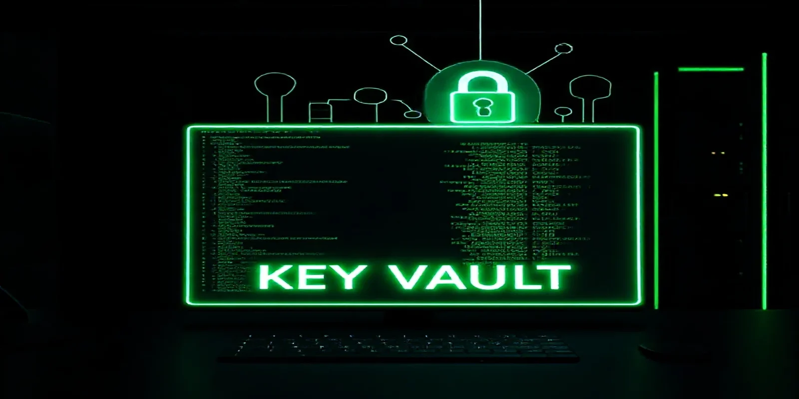 A dark‑mode developer scene featuring a glowing terminal and holographic lock symbolizing secure multi‑tenant API keys for Google ADK in 2026.