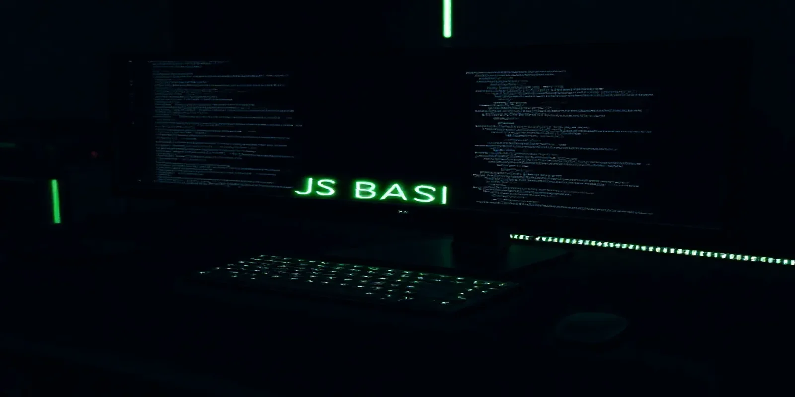 Dark‑mode developer workspace with a glowing green terminal and the phrase “JS BASICS,” illustrating JavaScript basics for developers.