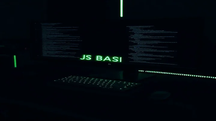 Dark‑mode developer workspace with a glowing green terminal and the phrase “JS BASICS,” illustrating JavaScript basics for developers.