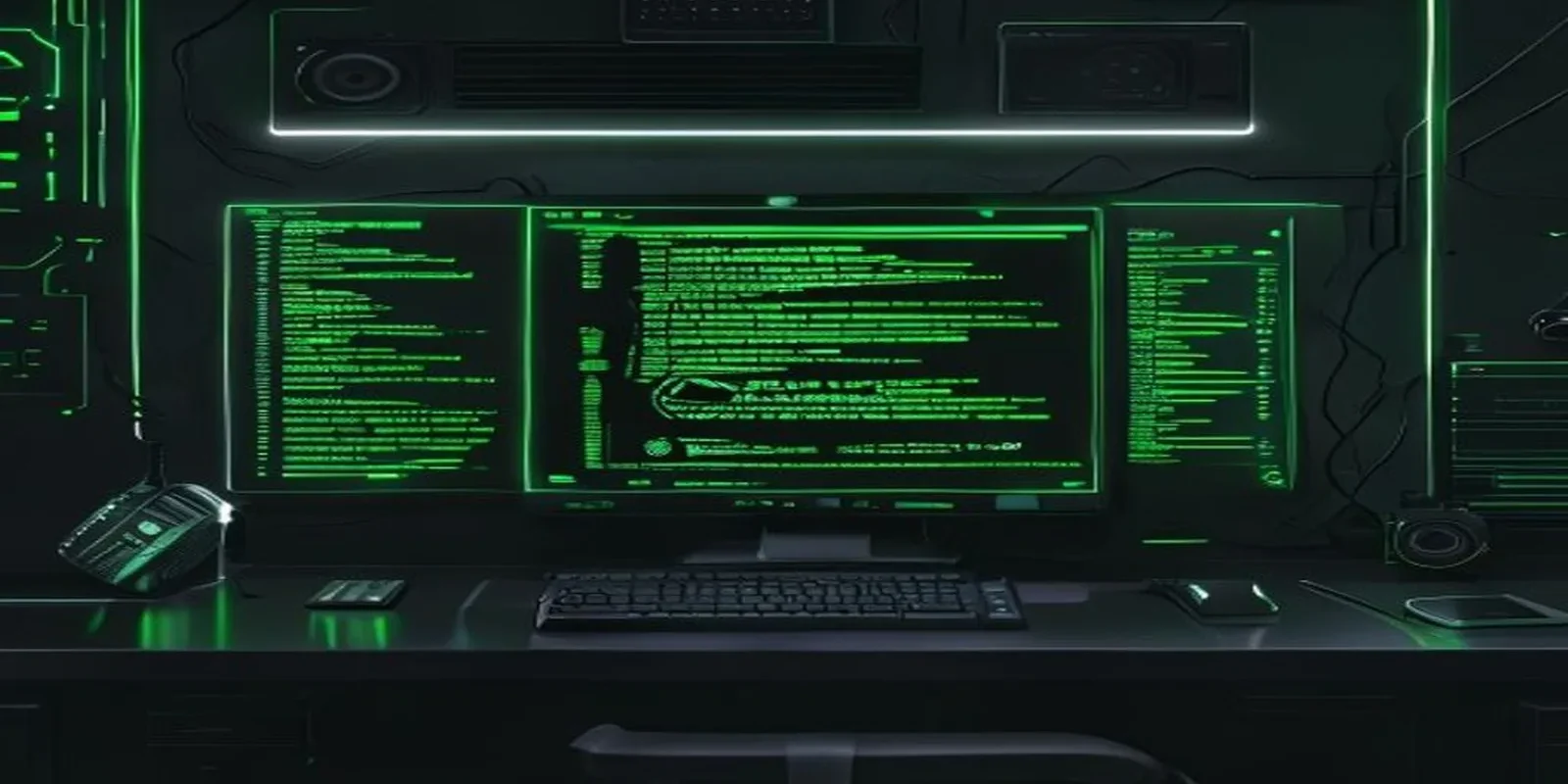 Dark developer workspace illustration featuring a glowing terminal that highlights the comparison between JWT tokens and session cookies.