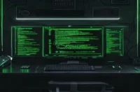 Dark developer workspace illustration featuring a glowing terminal that highlights the comparison between JWT tokens and session cookies.